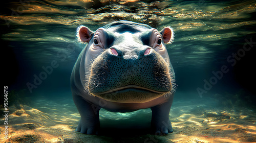 A hippopotamus swims underw...