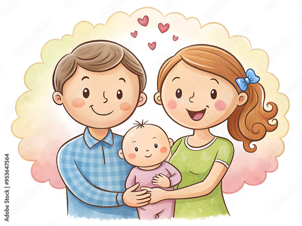 Young happy family mom and dad holding their newborn baby in hand drawn style on pink background with hearts Young happy family mom and dad holding their newborn baby in hand drawn style on pink background with hearts