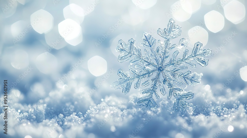 snowflake on blurred white and blue background with copy space for cute design snowflake on blurred white and blue background with copy space for cute design