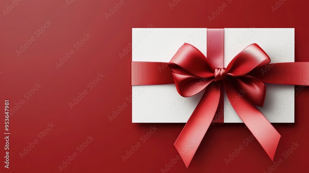 Gift card wrapped in red ribbon. Blank for a greeting card in red colors. Christmas, New Year or birthday gift. Gift card wrapped in red ribbon. Blank for a greeting card in red colors. Christmas, New Year or birthday gift.