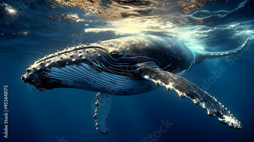 A humpback whale swims thro...