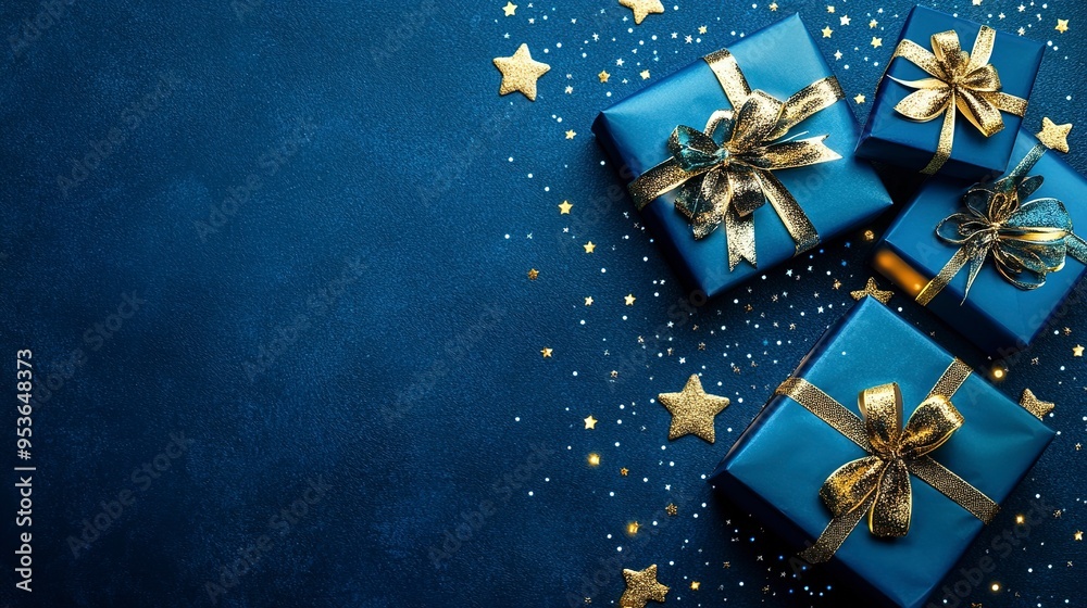 blue gifts with golden bows and ribbons placed on blue background near stars blue gifts with golden bows and ribbons placed on blue background near stars