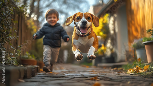 A joyful beagle dog leaps i...