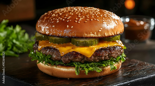 A juicy cheeseburger with pickles and lettuce on a wooden board.