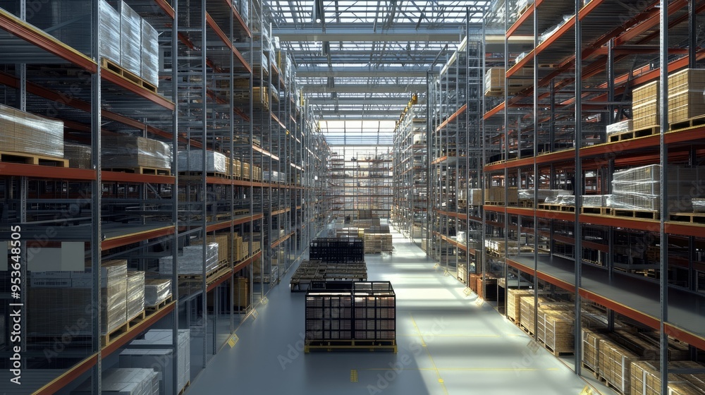 Interior of a logistics warehouse with a focus on the vast network of shelves and storage racks, showcasing the scale and organization of the warehouse.