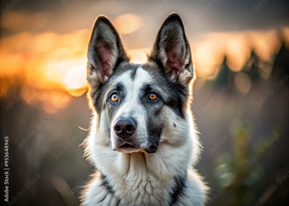 A majestic black and white German Shepherd dog stands alert, its piercing eyes focused intently, its coat gleaming