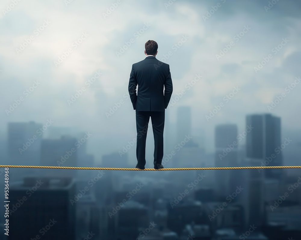Manager standing on a tightrope above a city, with safety nets representing low-risk options, balance, decision, risk, urban Manager standing on a tightrope above a city, with safety nets representing low-risk options, balance, decision, risk, urban