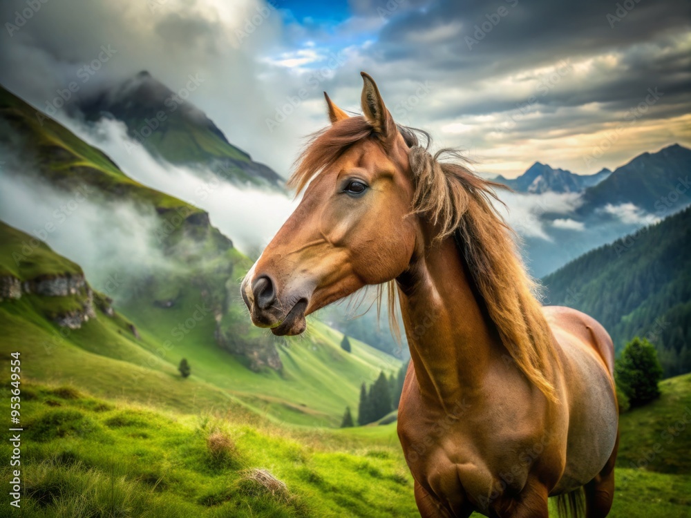 A majestic brown horse lifts its head, emphasizing the horsebit in its mouth, as it pauses in a A majestic brown horse lifts its head, emphasizing the horsebit in its mouth, as it pauses in a