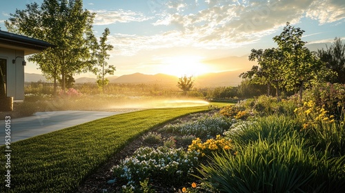 A beautiful garden scene at sunset. This image is perfect for showcasing a tranquil setting or for use in a design project related to nature, gardening, or landscaping.