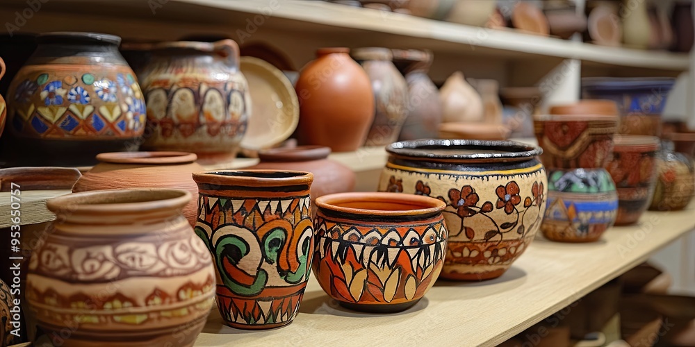 Hand Painted Pottery Vases on Wooden Shelf Hand Painted Pottery Vases on Wooden Shelf