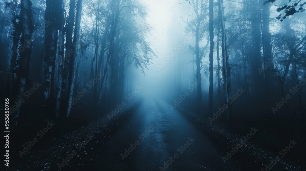Naklejka premium A mysterious foggy road winding through an autumn forest, enveloped in cold blue tones, creating an eerie and haunting Halloween atmosphere with the pathway fading into the misty distance
