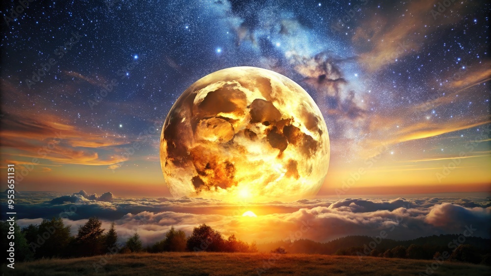 A majestic, glowing giant moon rises above the horizon, casting a warm, golden light on a serene, starry night sky with minimal clouds.