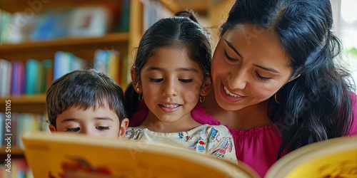 Mother Reading to Her Children in Library
