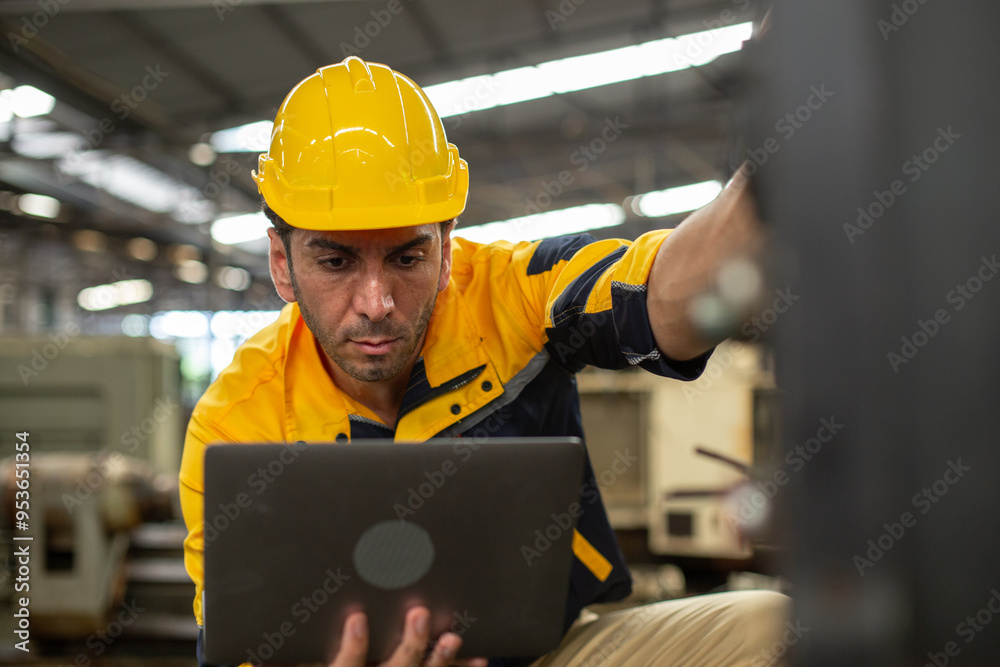 Industrial man engineer wear uniform and helmet using laptop are checking system machine at factory. manager technician manufacturing. Workers industrial factory. Industrial man engineer wear uniform and helmet using laptop are checking system machine at factory. manager technician manufacturing. Workers industrial factory.
