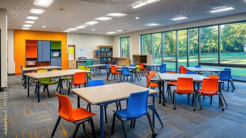 Creative study space with colorful chairs and tables 