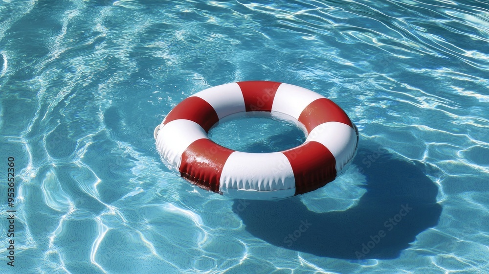 Naklejka premium Life buoy with white and red colors, resting in a serene blue swimming pool, showcasing essential safety equipment in a leisure setting. -