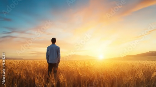 Solitary figure standing in a wheat field at dusk, the last rays of sun touching the horizon, solitude, sunset, nature, tranquility