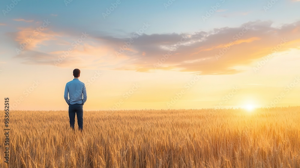 Solitary figure standing in a wheat field at dusk, the last rays of sun touching the horizon, solitude, sunset, nature, tranquility Solitary figure standing in a wheat field at dusk, the last rays of sun touching the horizon, solitude, sunset, nature, tranquility