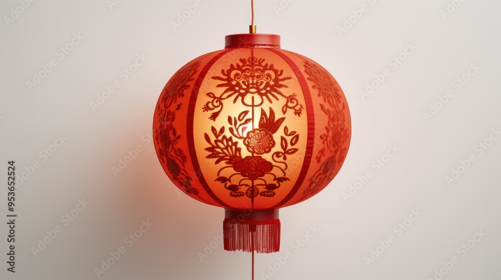 A vibrant red Chinese paper lantern, intricately adorned with traditional patterns, casting a warm glow against A vibrant red Chinese paper lantern, intricately adorned with traditional patterns, casting a warm glow against