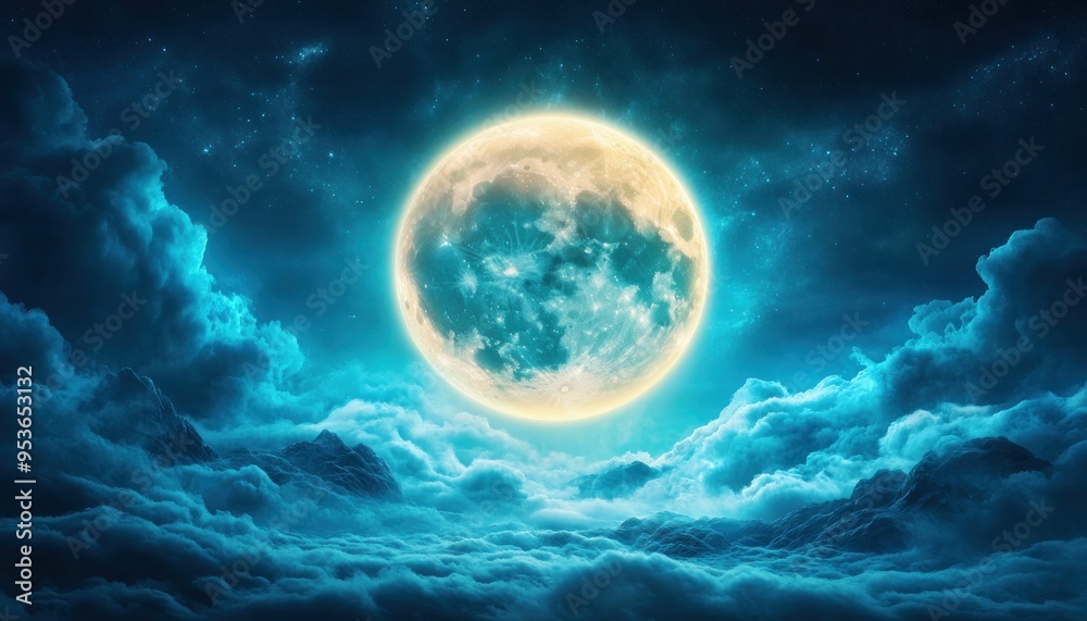 Full Moon in the Night Sky, Casting a Gentle Glow on a Starry Landscape, Serene and Beautiful Nighttime Scenery with Stars Twinkling, Nocturnal Serenity, Peaceful and Tranquil Night Sky