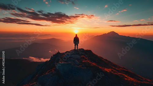 A lone figure stands on a mountaintop overlooking a vast, panoramic sunset landscape.