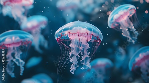 tranquil scene of multiple jellyfish moving effortlessly in a gentle ocean current, their delicate bodies glowing with soft hues of blue and pink, against a backdrop of deep sea shadows