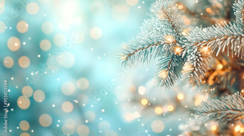 Christmas tree branches with lights bokeh copy space background