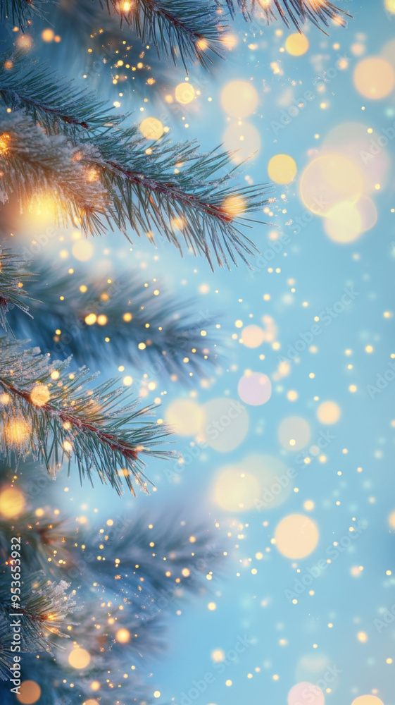 Christmas tree branches with lights bokeh copy space background Christmas tree branches with lights bokeh copy space background
