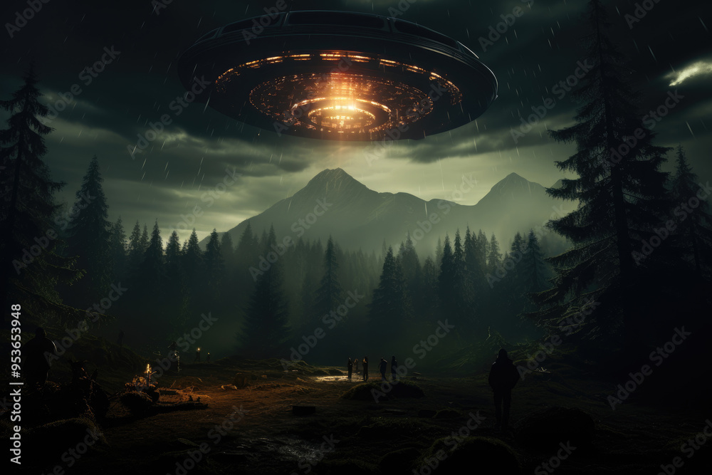 Obraz premium A UFO shines its light over a dense forest, with silhouetted figures gathering amidst the rain and towering mountains in the background