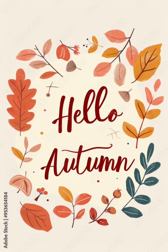 Autumn leaves with berries and hello autumn text on beige background