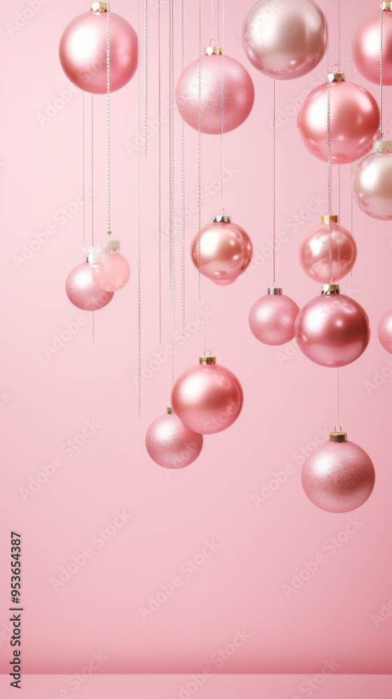 Pink Christmas ornaments hanging against pink background Pink Christmas ornaments hanging against pink background
