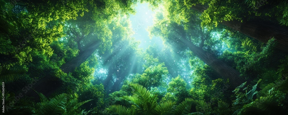 Fototapeta premium Serene Forest Canopy with Sunbeams Filtering Through Leaves, Creating a Dreamy Atmosphere, Nature Photography