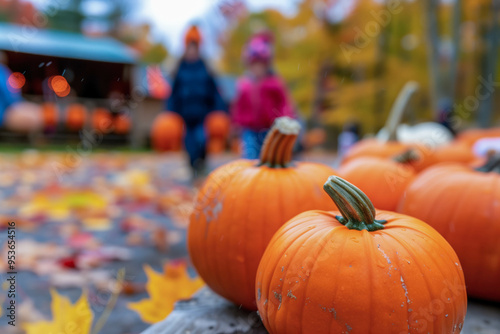 Pumpkins at a fall festival in Canada with families in the background