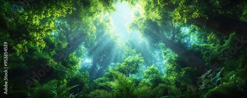 Serene Forest Canopy with Sunbeams Filtering Through Leaves, Creating a Dreamy Atmosphere, Nature Photography