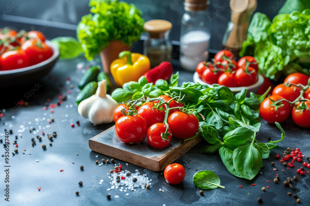 Fresh Tomatoes and Vegetables on a Rustic Kitchen Counter Fresh Tomatoes and Vegetables on a Rustic Kitchen Counter