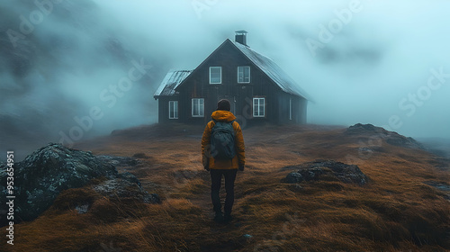 A lone hiker approaches a m...