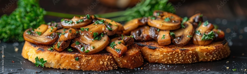 Mushrooms on toasted bread with parsley on a plate, food background, banner Mushrooms on toasted bread with parsley on a plate, food background, banner
