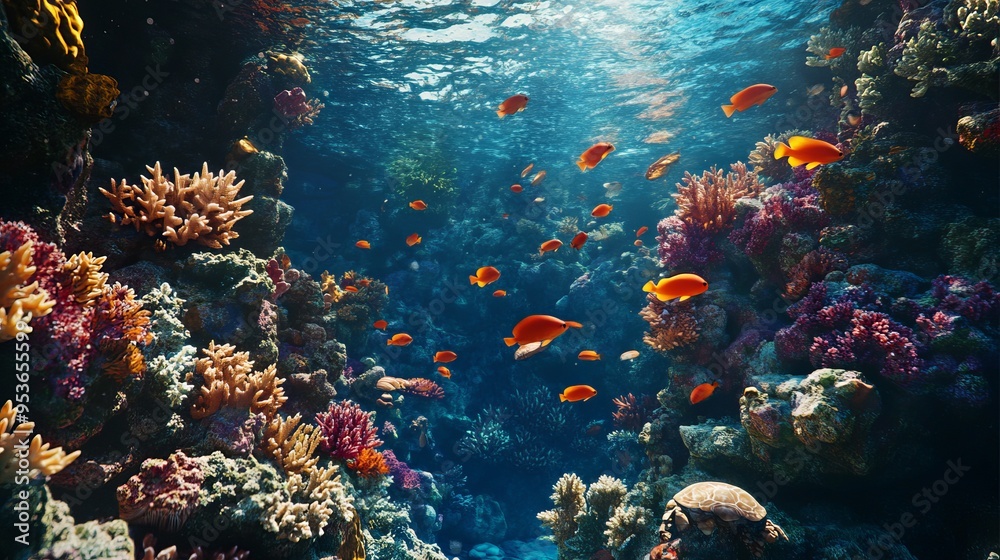 Naklejka premium Sea Coral Turtle Underwater World 3d background top view for water nature fish sea coral egypt this beautiful image