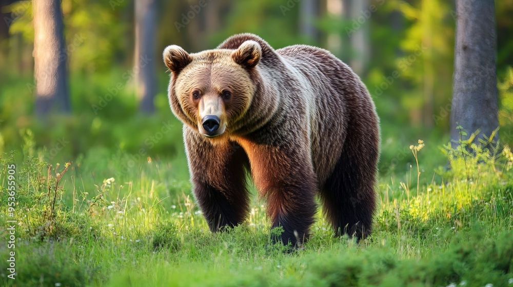 Fototapeta premium Wild brown bear in summer forest Wildlife scene
