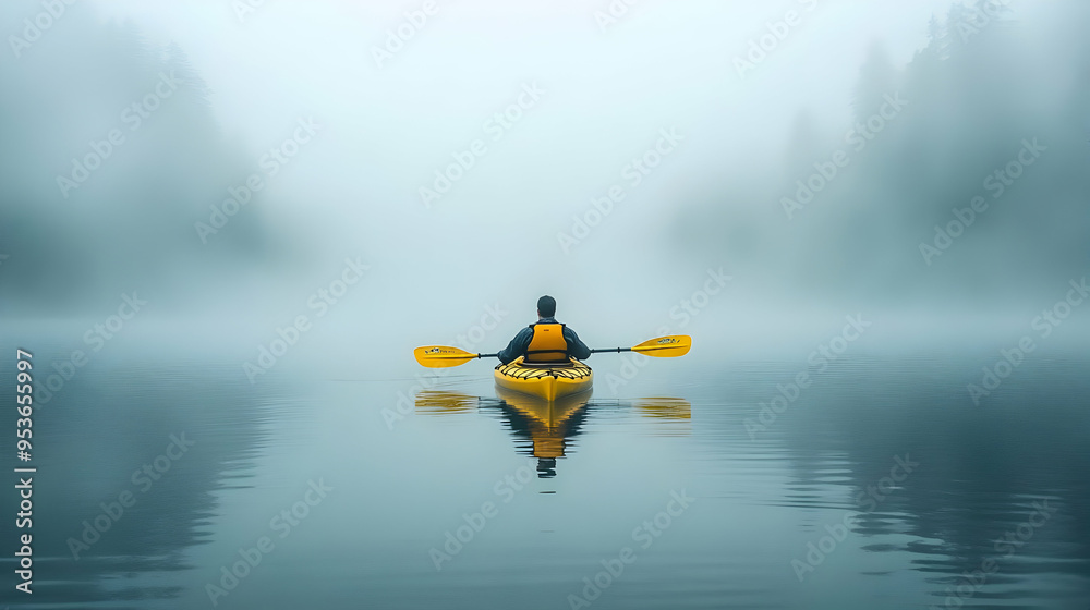A lone kayaker paddles through a misty lake, surrounded by trees. A lone kayaker paddles through a misty lake, surrounded by trees.