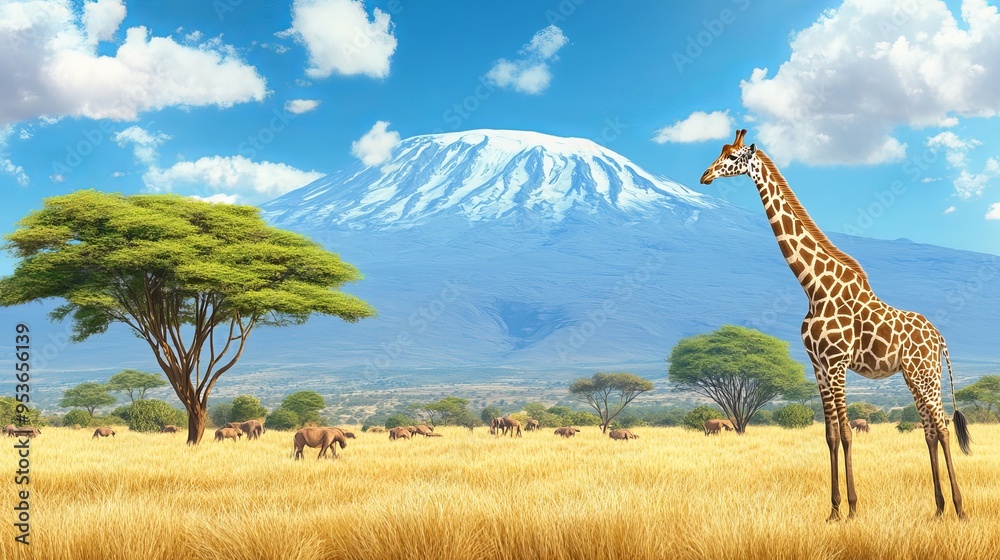 Fototapeta premium beautiful looking giraffe with mountain view in the background