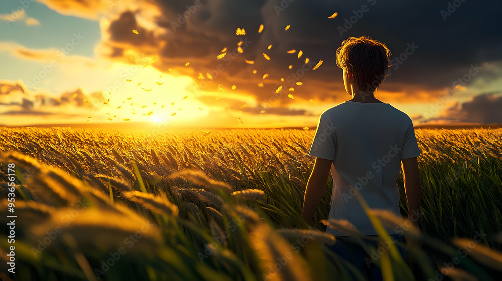 Fototapeta premium A lone man stands in a field of tall grass, looking at the sunset.