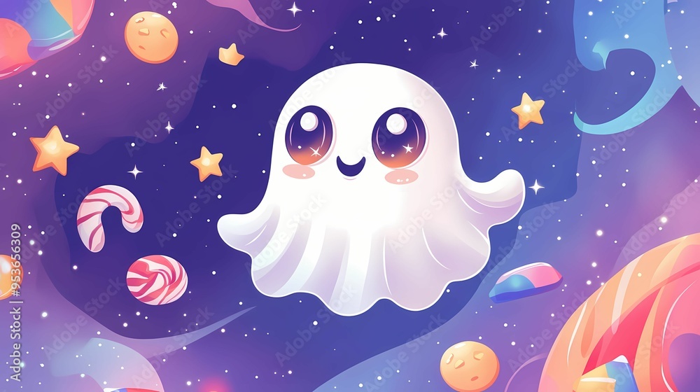 Cute Cartoon Ghost Floating in Space with Sweets Cute Cartoon Ghost Floating in Space with Sweets