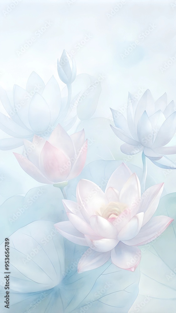 Fototapeta premium transparent watercolor greeting card background with lotus flowers
