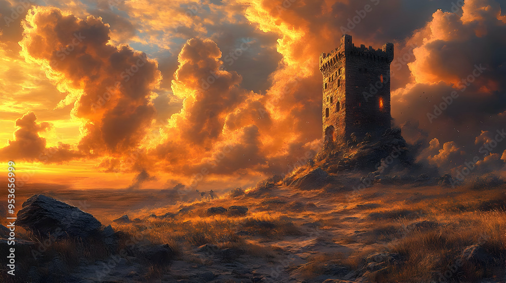 Obraz premium A lone tower stands on a hilltop with a fiery sunset in the sky.