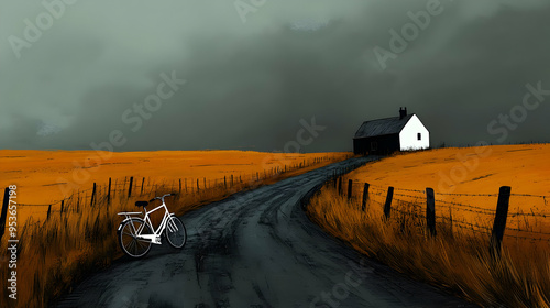 A lone white bicycle leans ...