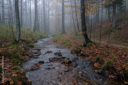 Gloomy and dark forest with fog, road during a foggy morning atmosphere.