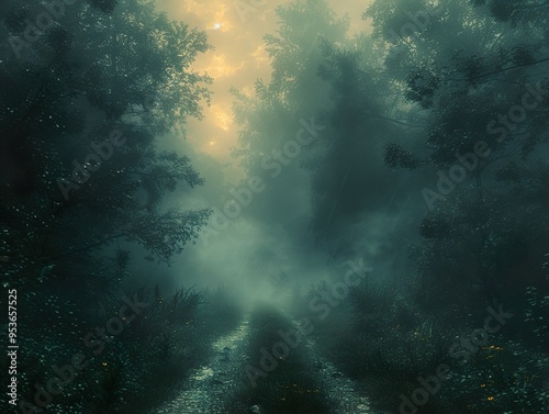 A dirt path winds through a dense, misty forest, sunlight filtering through the canopy.