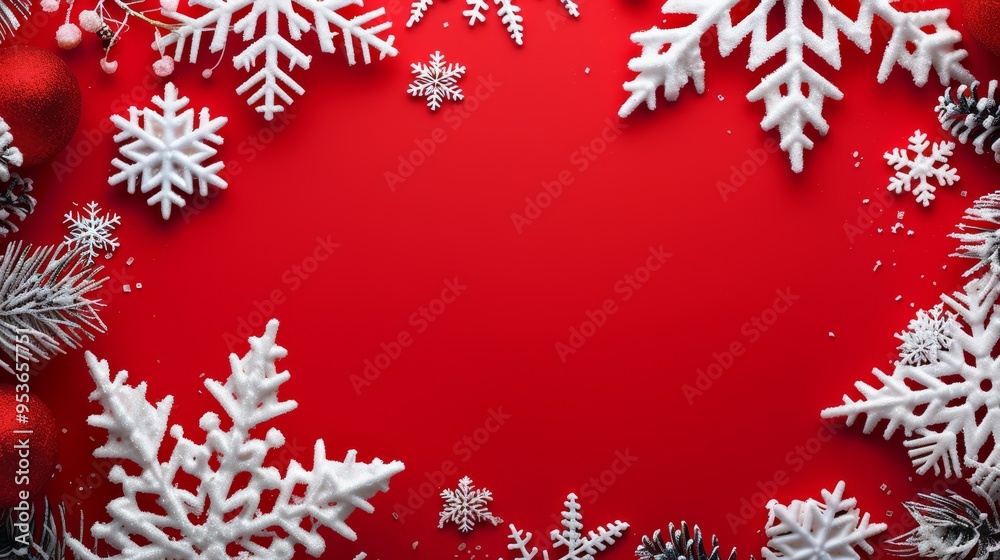 Red background with snowflakes, Christmas theme Red background with snowflakes, Christmas theme