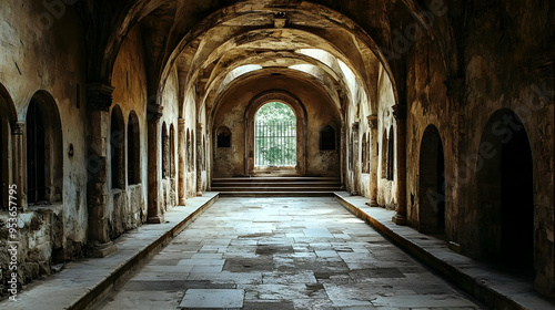 A long, narrow, stone corri...